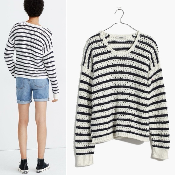 Madewell Sweaters - Madewell Striped Open-Stitch Austen Pullover Sweater White and Blue XS